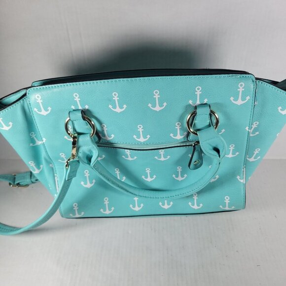 Turquoise Anchor Nautical Faux Leather Adjustable Crossbody Shoulder Handbag - Picture 8 of 11